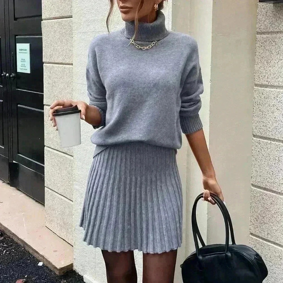 Grey Casual Women's High Neck Pullover Sweaters & skirt set - Picture 7 of 7